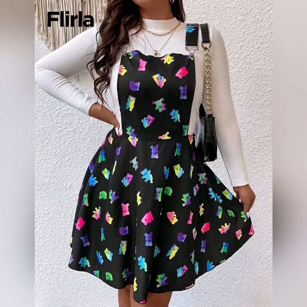 Colorful Bear Print Black Pinafore Dress